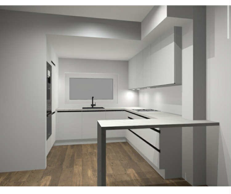 Köögi plaani joonis mustade käepidemete ridadega